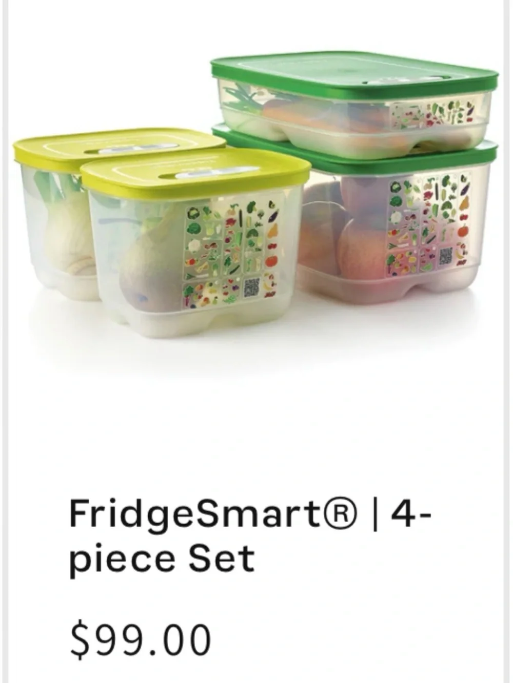 Tupperware FridgeSmart 4-Piece Set with Green and Lime Lids